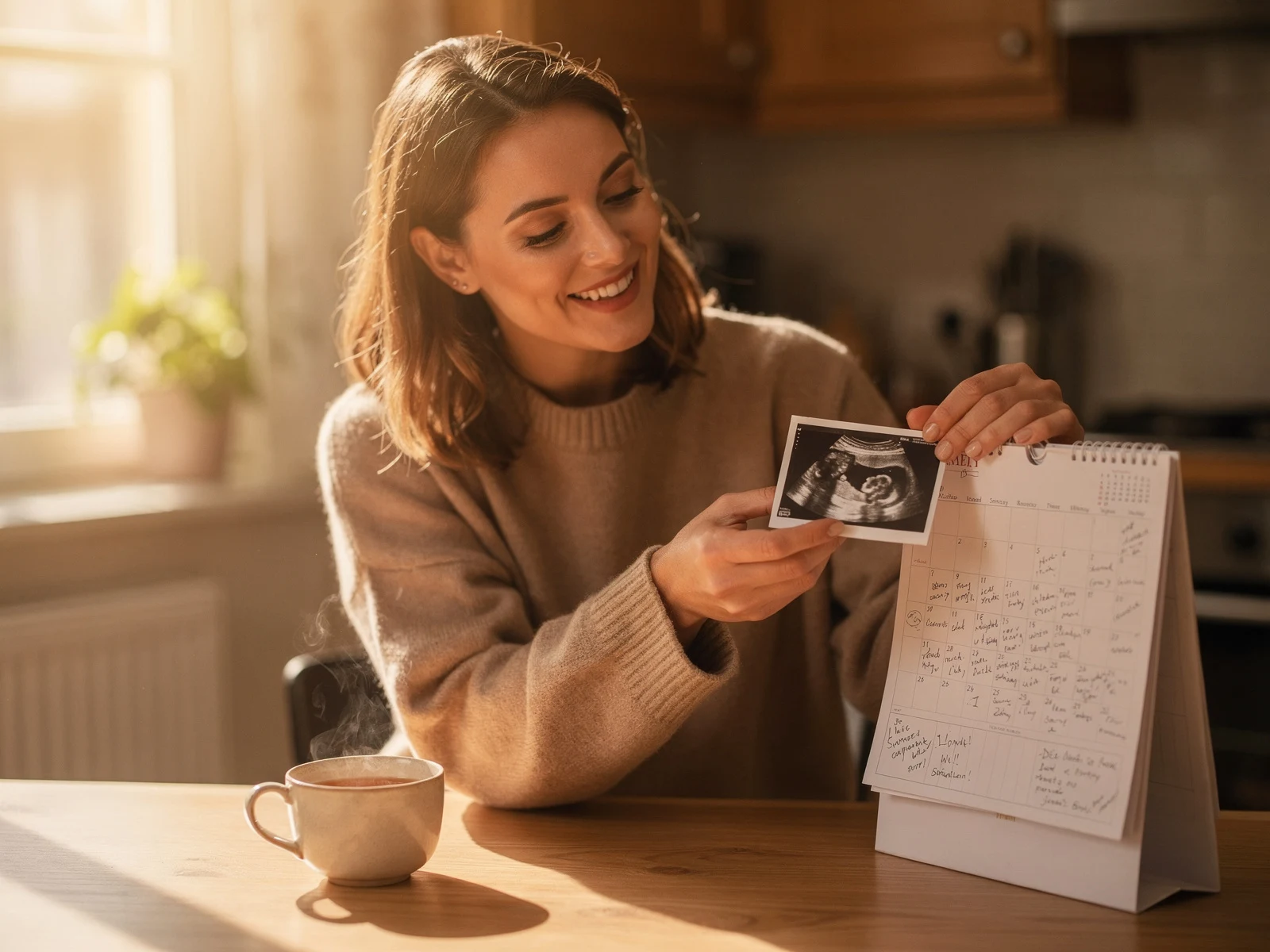 Woman looking at her early scan photo while marking her due date on a calendar