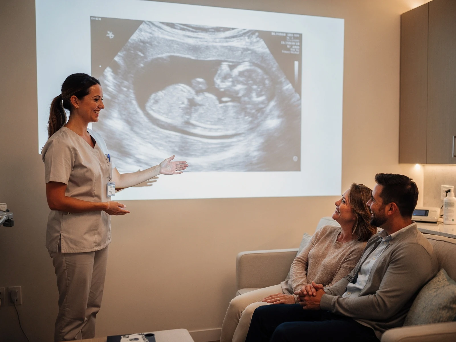 Sonographer showing an early pregnancy scan on a large projector screen to expectant parents