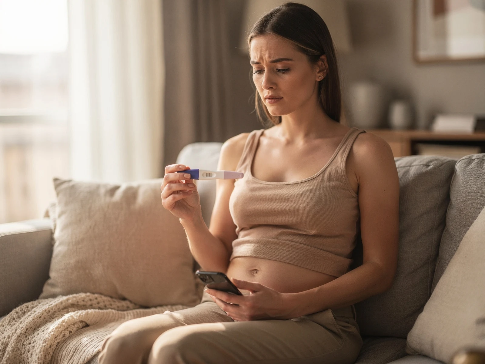Woman at home holding a positive pregnancy test, waiting for her first scan