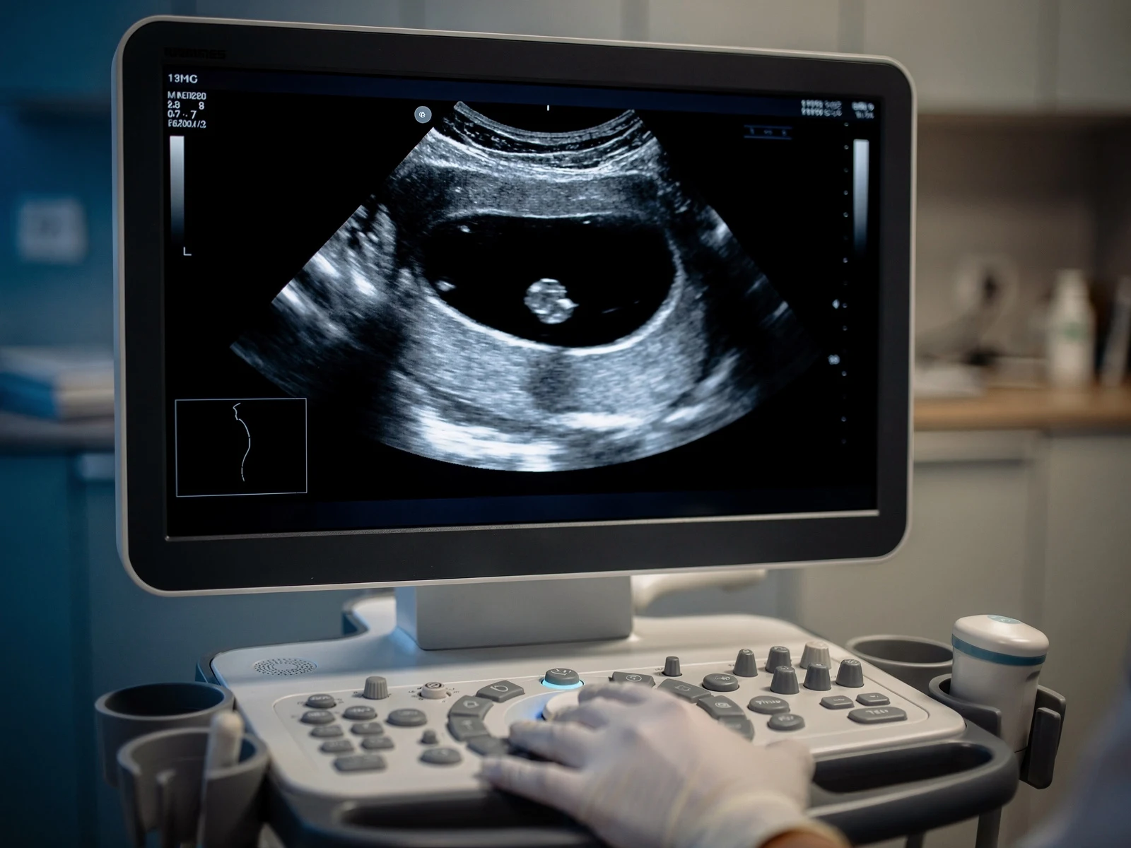 Ultrasound monitor showing a tiny embryo in the pregnancy sac during a viability scan