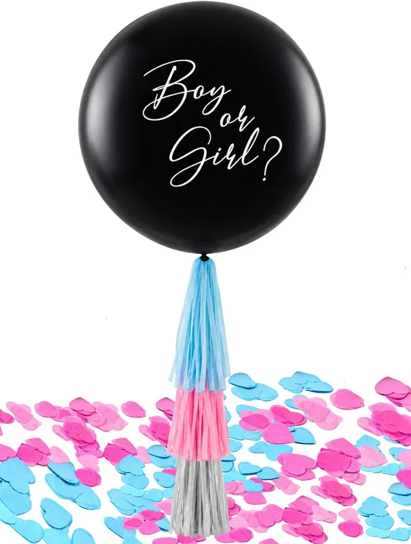 Large black gender reveal balloon filled with blue or pink confetti