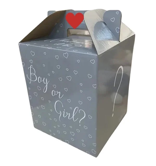 Keepsake gender reveal box that releases blue or pink balloons and confetti