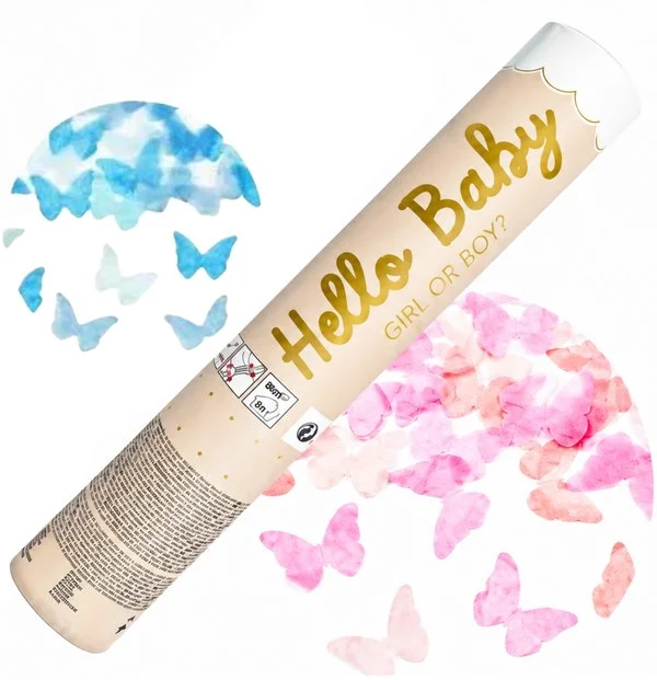 Small compact blue or pink confetti cannon for a gender reveal