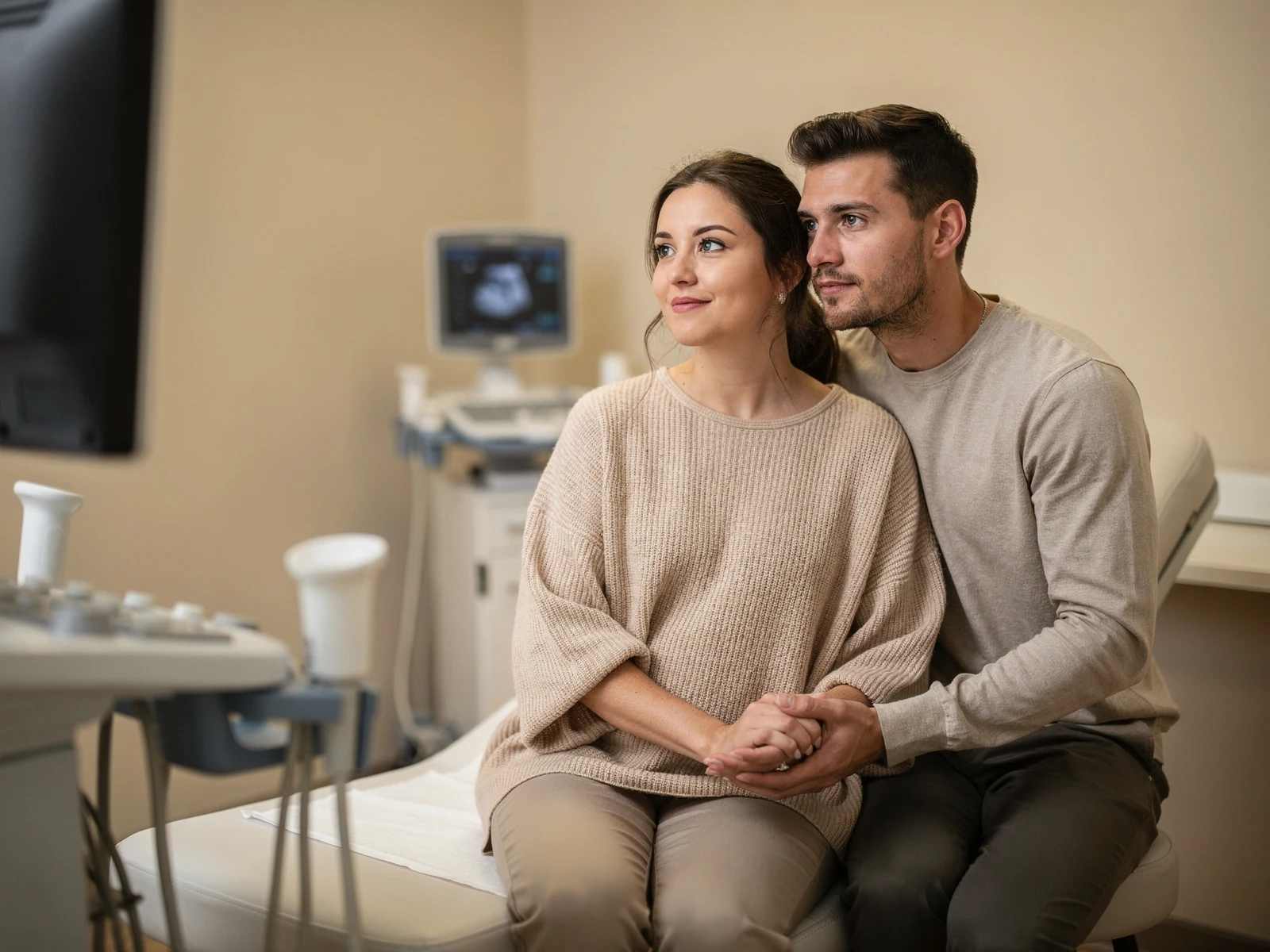 Couple holding hands in a scan room, waiting hopefully during an early pregnancy scan