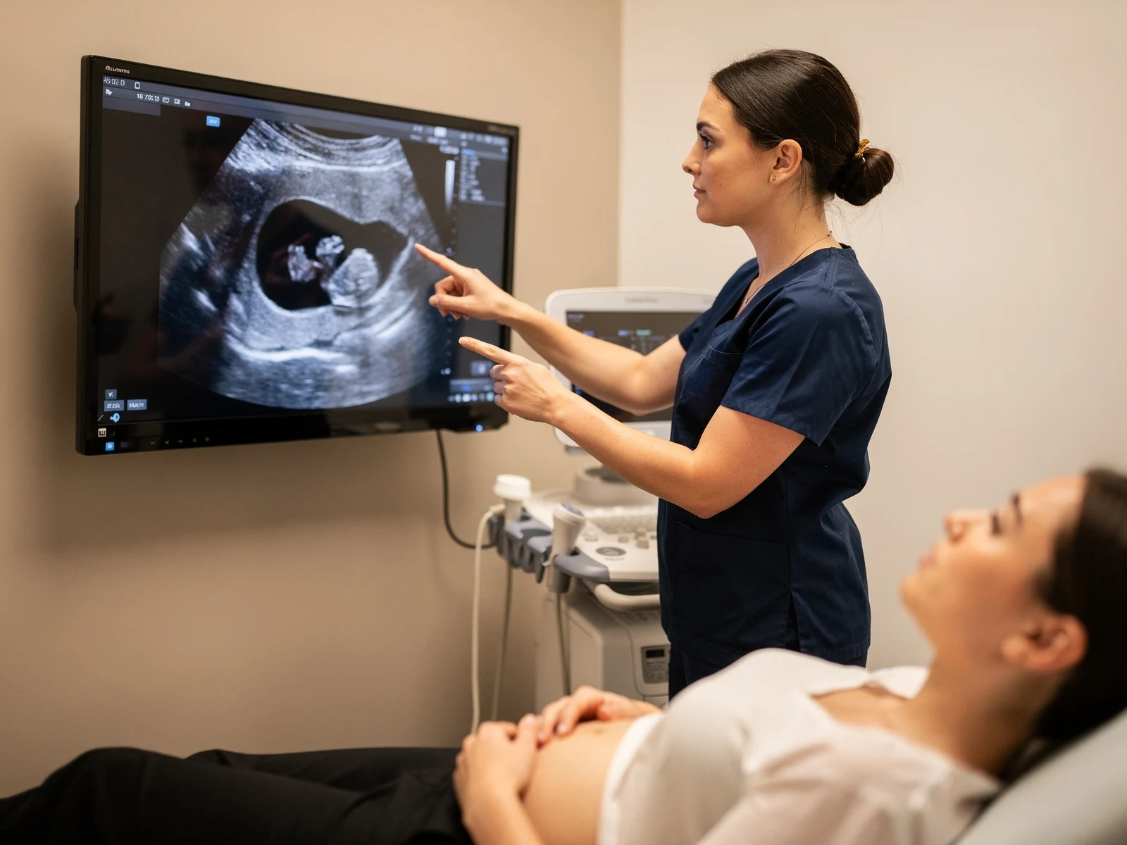 Sonographer pointing to an early pregnancy scan on the screen while an expectant mother watches
