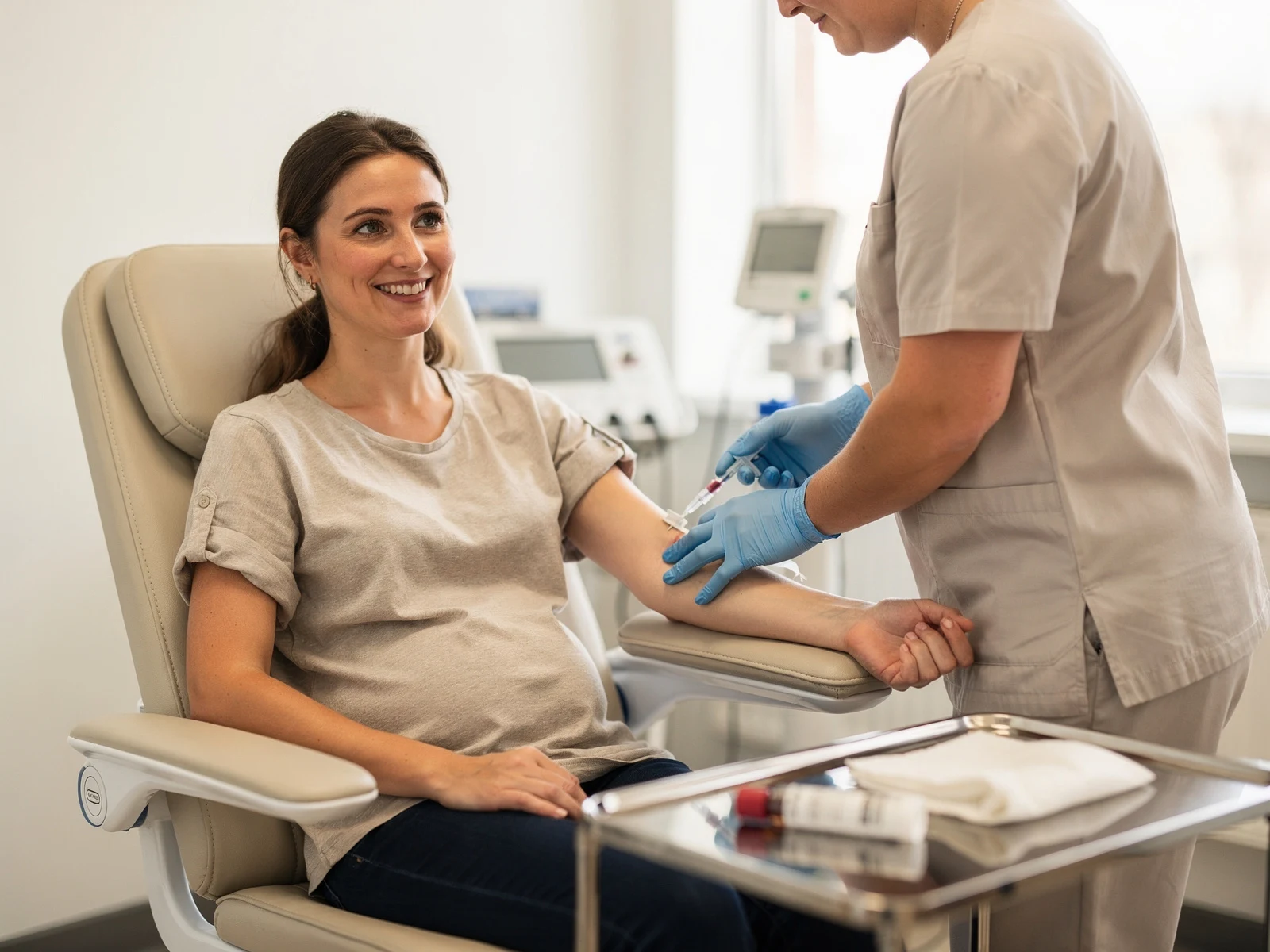 Clinician preparing to take a blood sample from a pregnant woman for an early gender blood test
