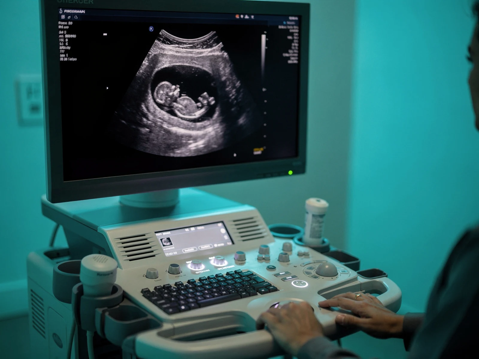 Ultrasound machine console showing an early pregnancy scan on its monitor