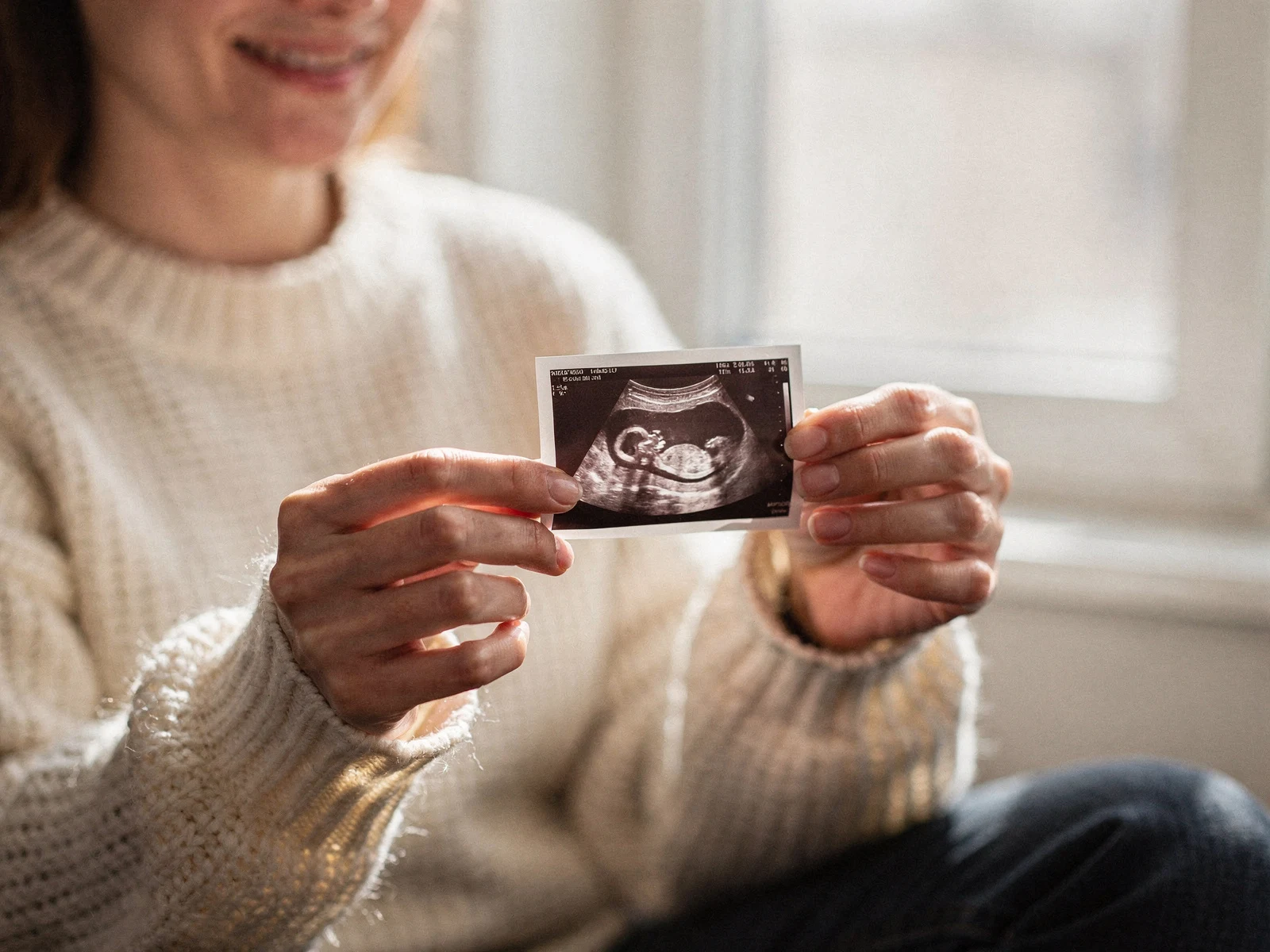 Woman holding printed photos from her early pregnancy scan