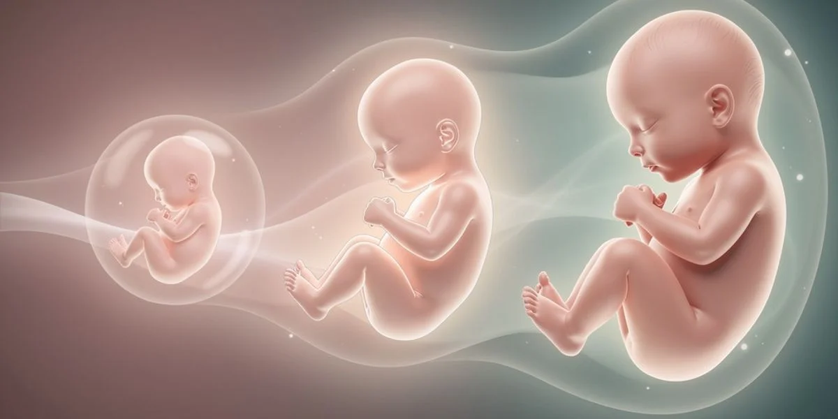 Pregnancy journey collage showing three stages of baby development, ultrasound images at different stages, warm emotional atmosphere