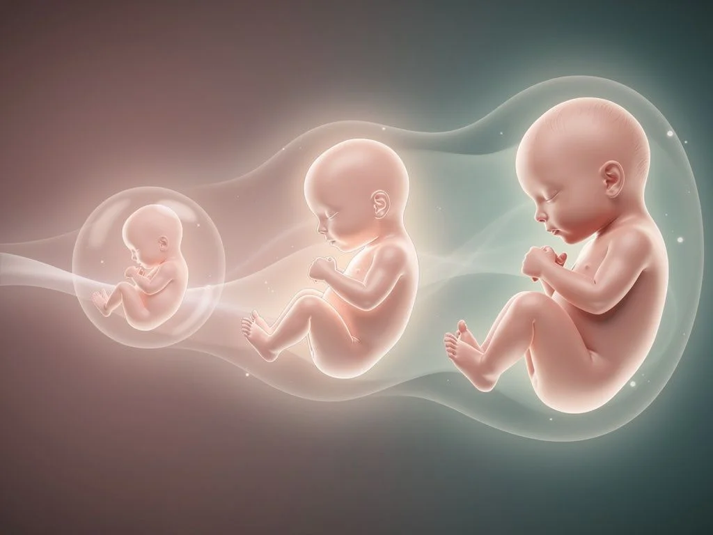 Editorial photo collage showing the pregnancy journey week by week — three side-by-side ultrasound moments from early pregnancy (small bean shape), mid-pregnancy (recognisable profile), and late pregnancy (4D HD Live face), warm soft lighting, soft pink and teal tones, hopeful uplifting mood