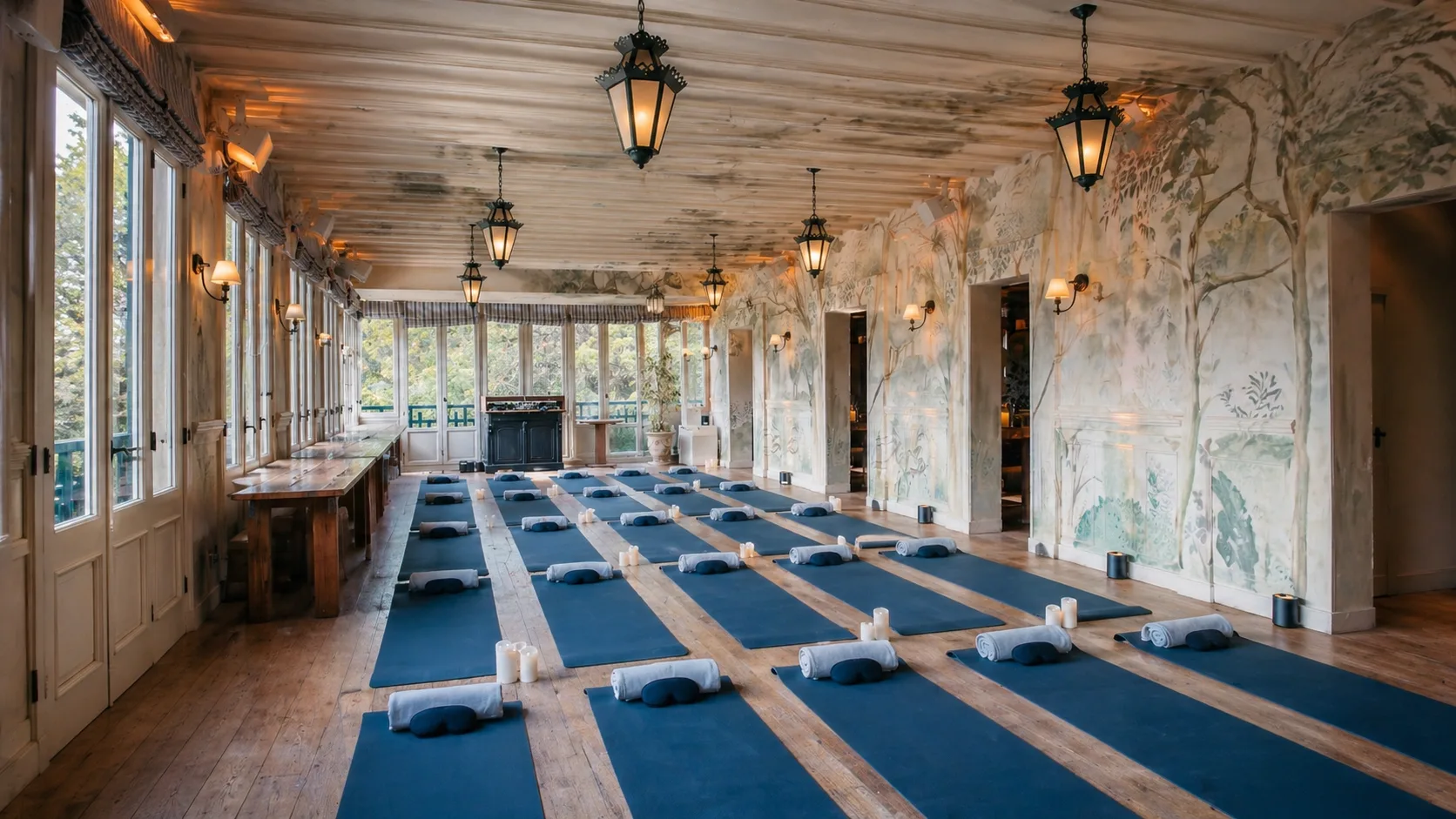 Large room set up for a corporate sound bath workshop, mats laid out beneath the murals