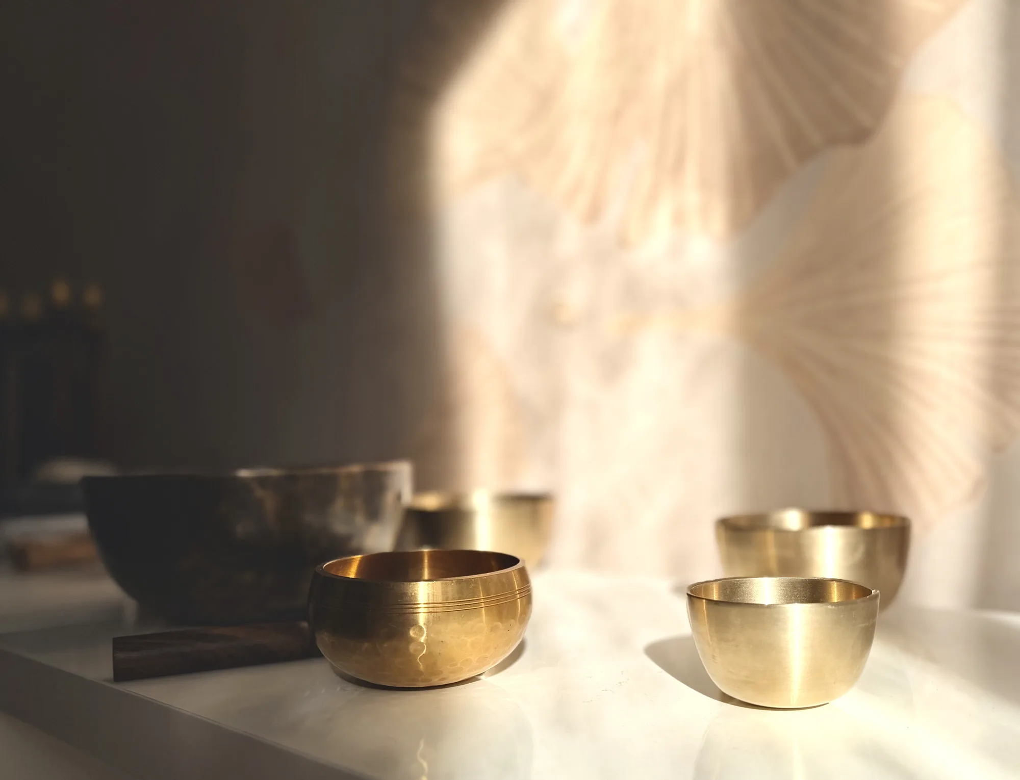 Golden singing bowls and their shadows in the light of the Résonance studio, Paris 16