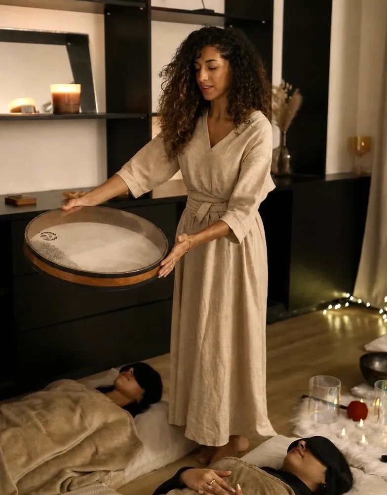 Personne allongée et détendue pendant une séance de bain sonore, studio Résonance, Paris 16